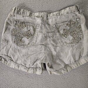 Miss Me Cargo Shorts Womens Sz Large Khaki 100% Linen Embellished Pockets Preppy